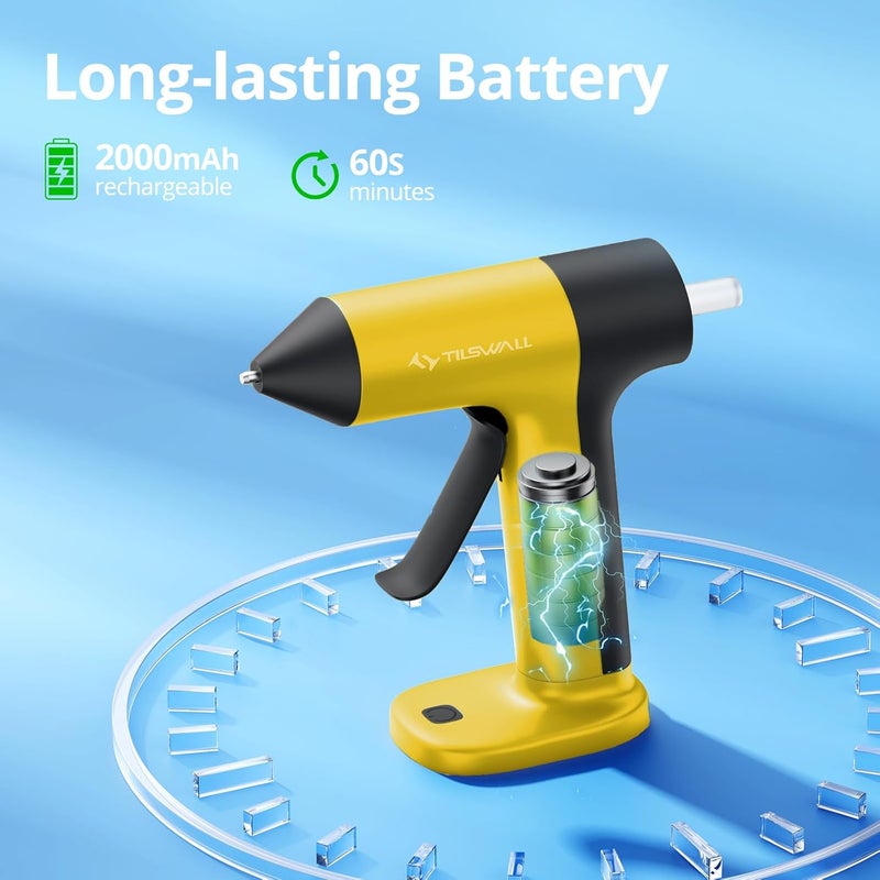 TILSWALL 4V Hot Glue Gun, Glue Gun Cordless with Rapid 30s Preheat, 2000mAh Type-C Rechargeable with 20 Glue Sticks, Anti-drip Nozzle, Auto Shut-Off for Crafting - Yellow - Image 3